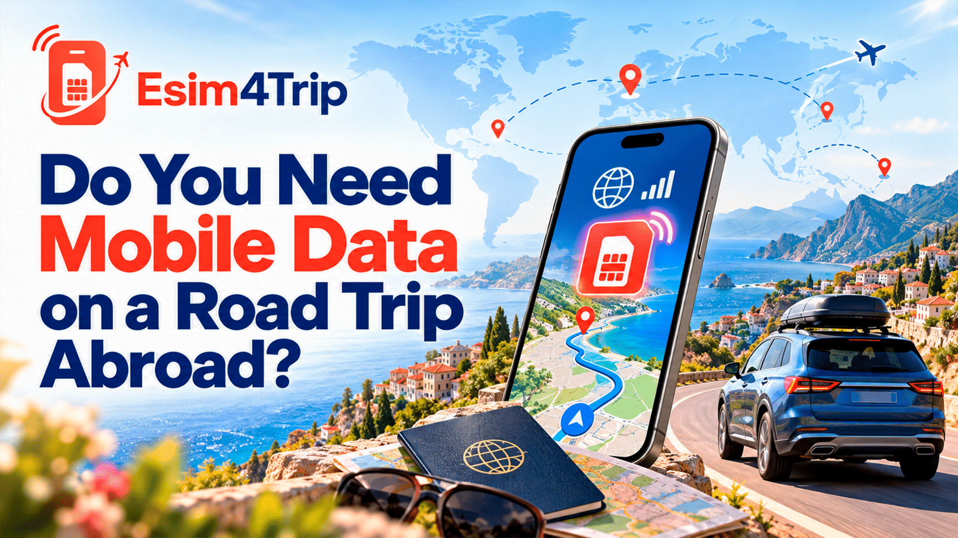 mobile data on a road trip abroad with travel eSIM and offline maps